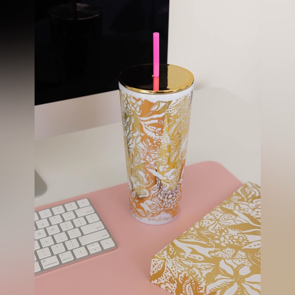 Lilly Pulitzer, Tumbler with Straw, Safari Sangria Gold NWT - Picture 4 of 7